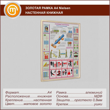 Багетная настенная рамка «Nielsen» А4 формата, книжная, матовое золото